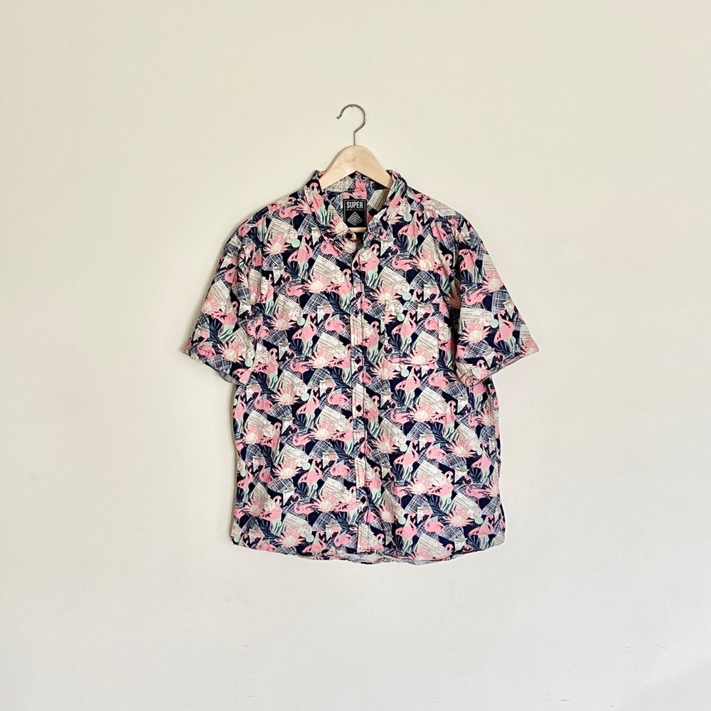 Super Massive Flamingo Lagoon Print Short Sleeve Button Down Shirt Men’s size XL